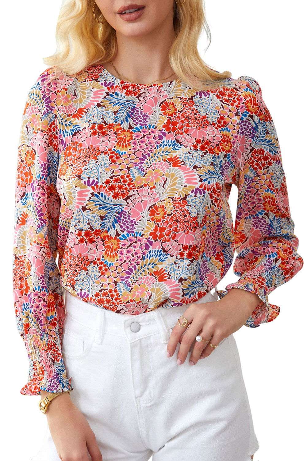 Yellow Floral Print Smocked Cuffs Long Sleeve Blouse 