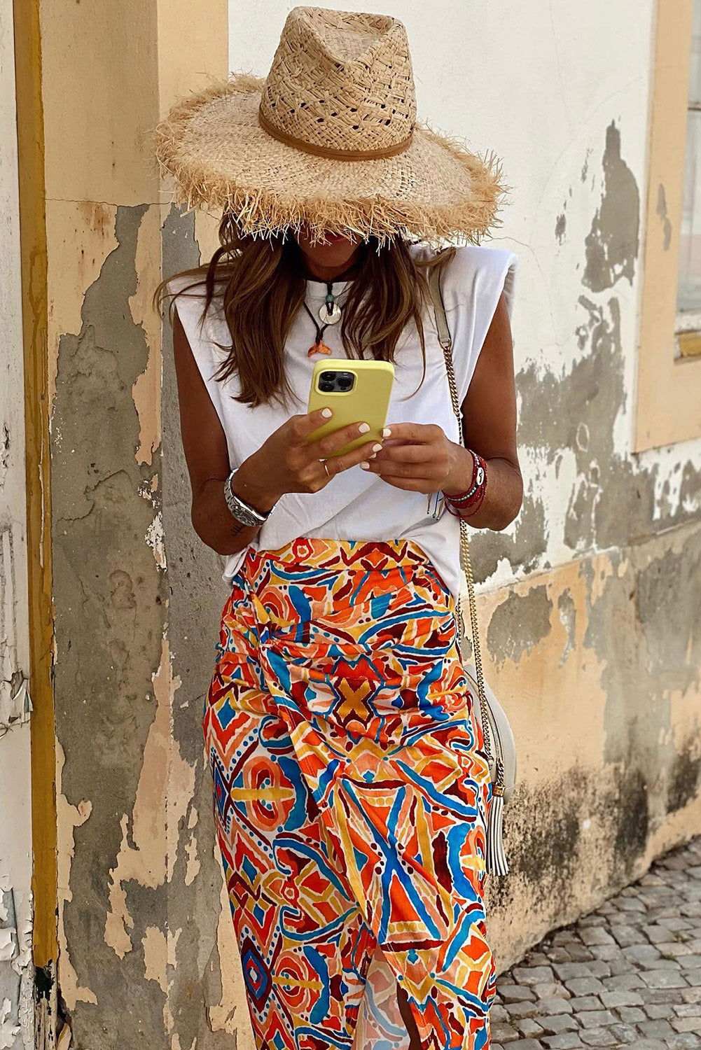 Yellow Geometric Abstract Print Slit High Waist Maxi Skirt 