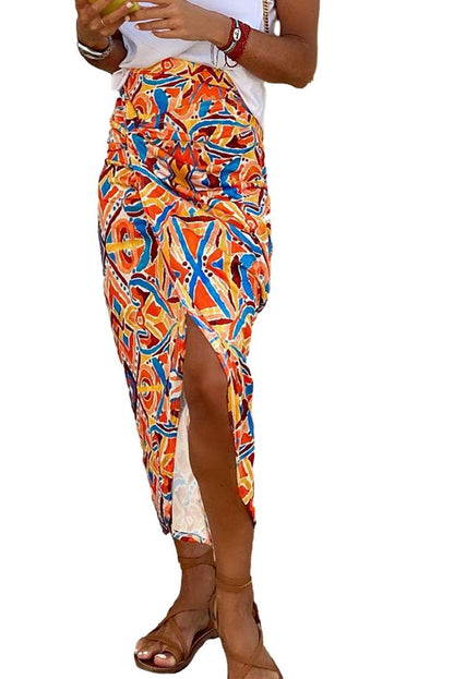 Yellow Geometric Abstract Print Slit High Waist Maxi Skirt 