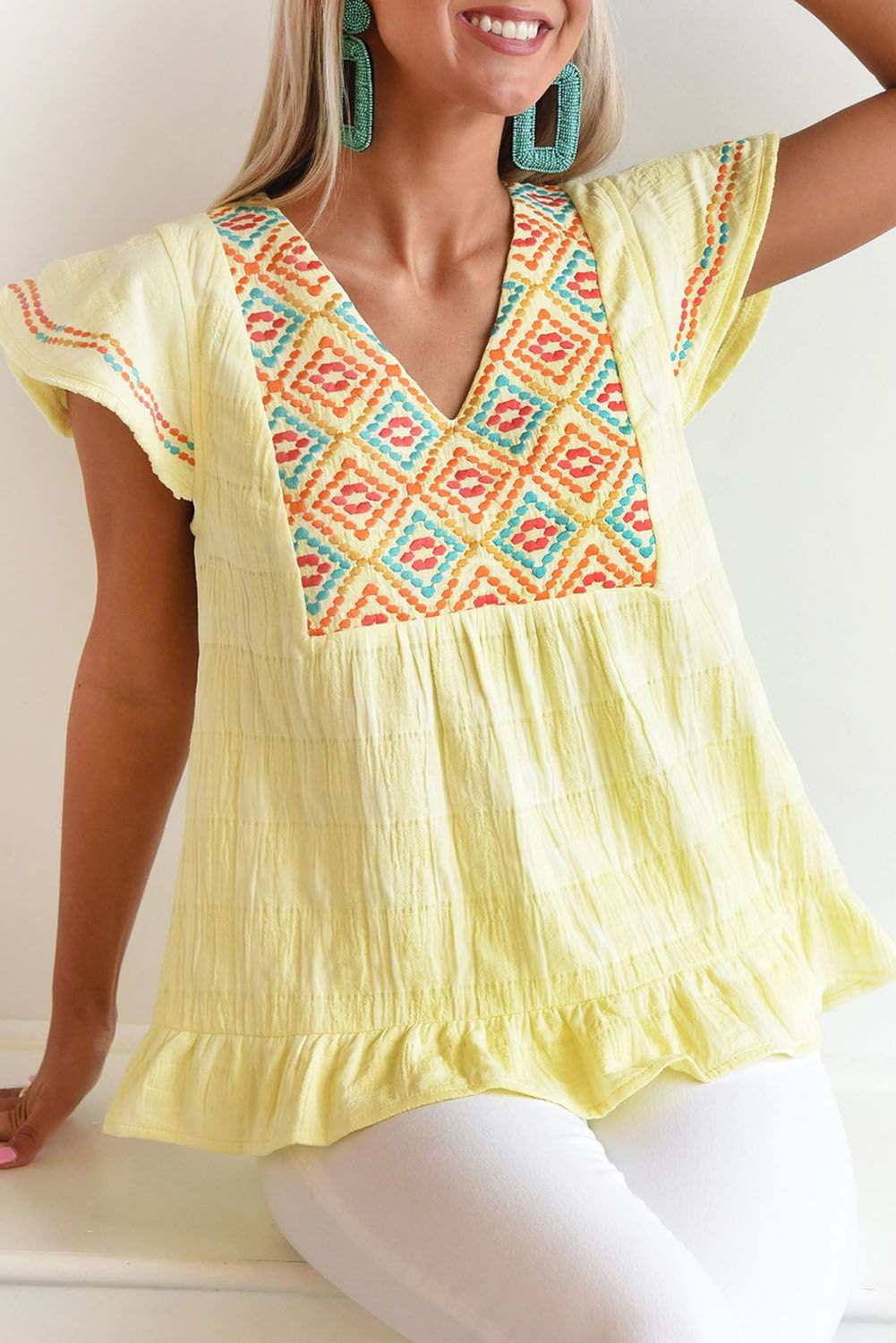 Yellow Geometric Embroidery Ruffles V Neck Textured Top 