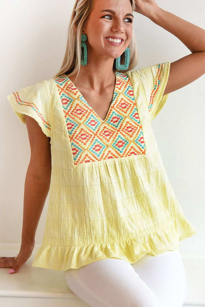 Yellow Geometric Embroidery Ruffles V Neck Textured Top 