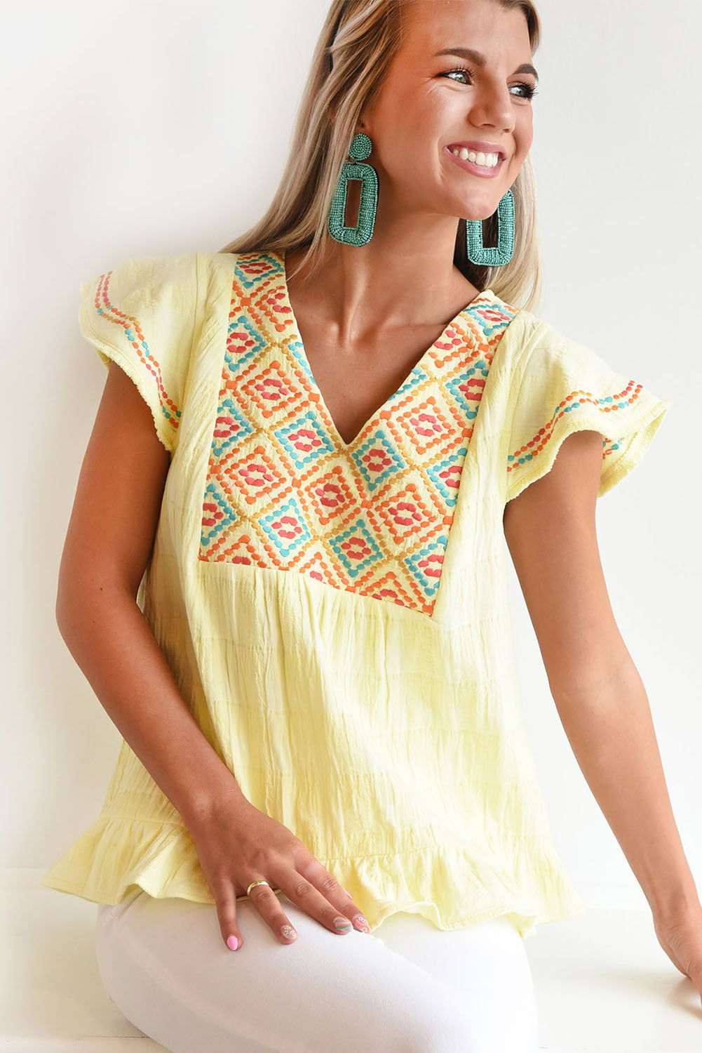 Yellow Geometric Embroidery Ruffles V Neck Textured Top 