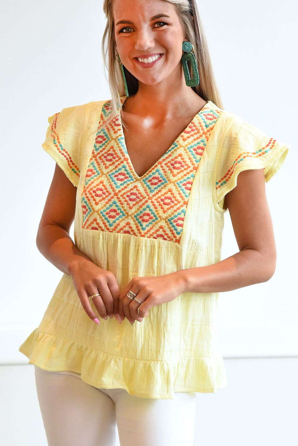 Yellow Geometric Embroidery Ruffles V Neck Textured Top 