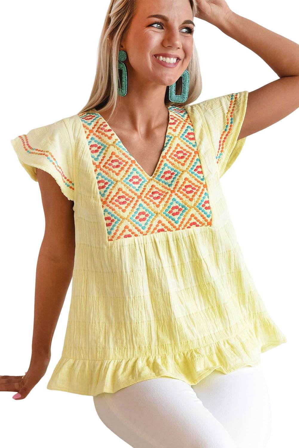 Yellow Geometric Embroidery Ruffles V Neck Textured Top 