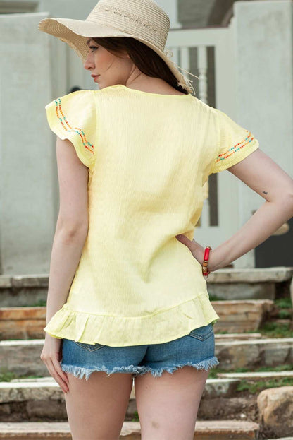 Yellow Geometric Embroidery Ruffles V Neck Textured Top 