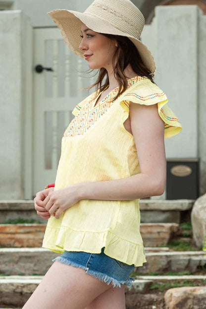 Yellow Geometric Embroidery Ruffles V Neck Textured Top 