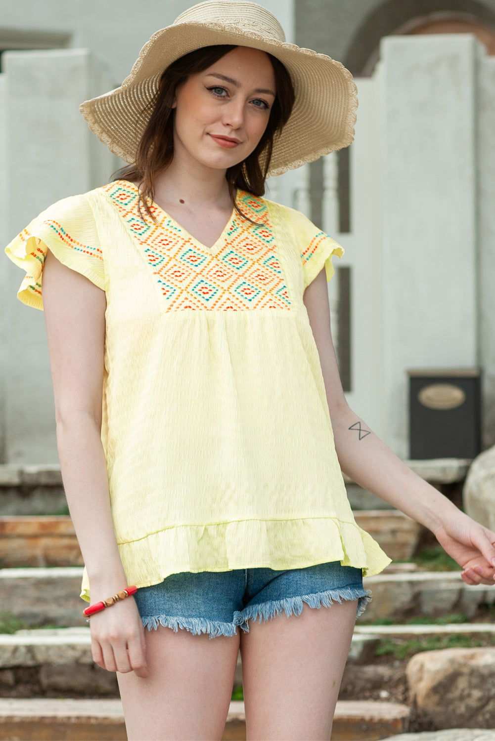 Yellow Geometric Embroidery Ruffles V Neck Textured Top 