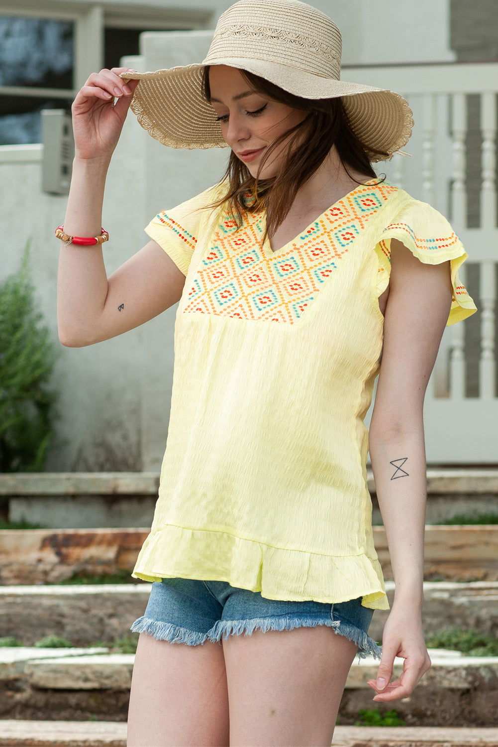 Yellow Geometric Embroidery Ruffles V Neck Textured Top 