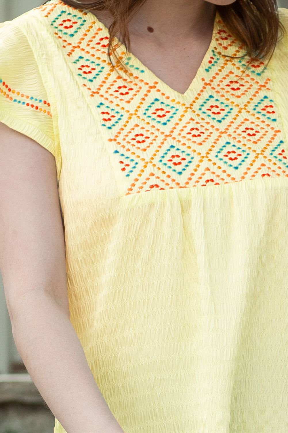 Yellow Geometric Embroidery Ruffles V Neck Textured Top 