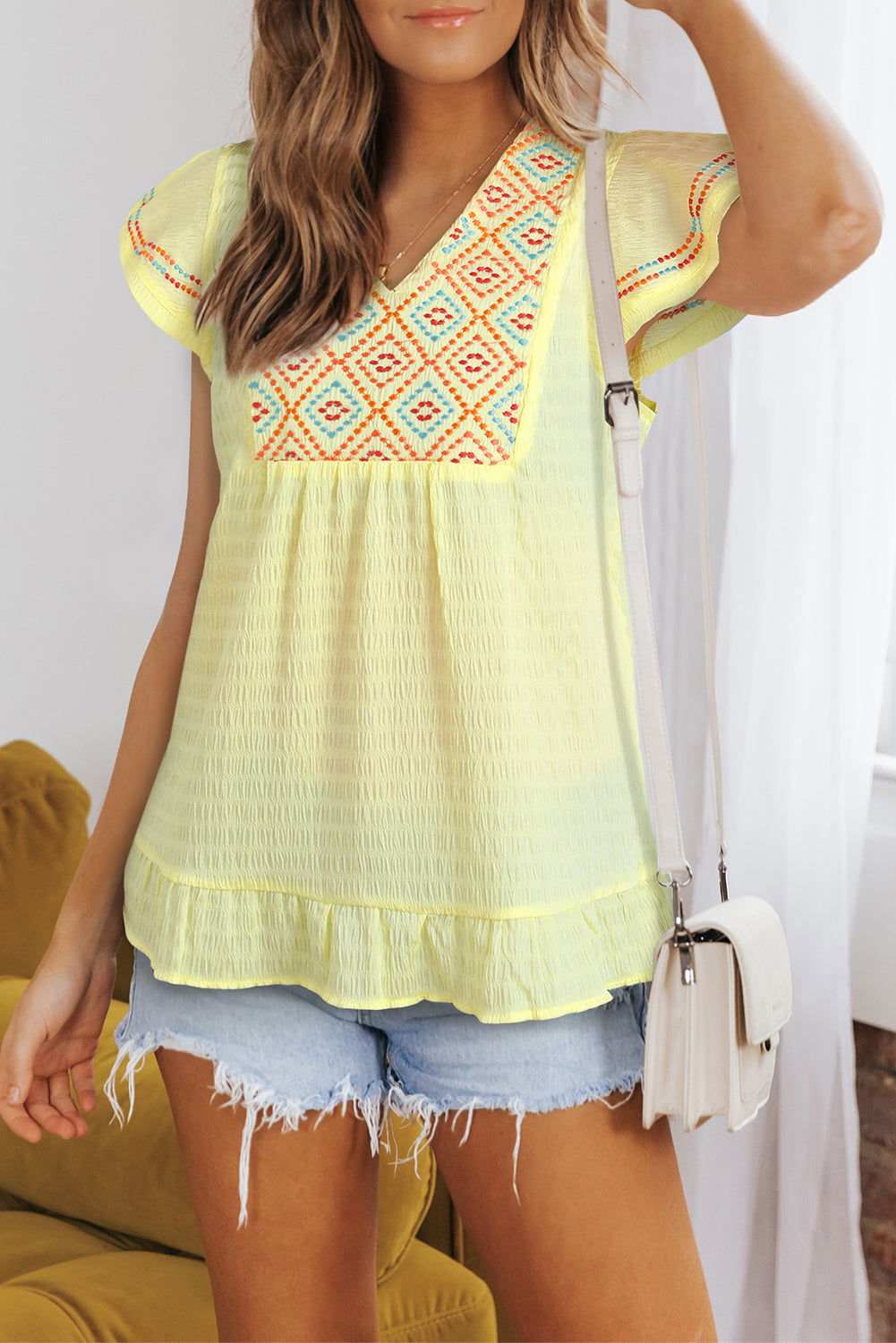 Yellow Geometric Embroidery Ruffles V Neck Textured Top 