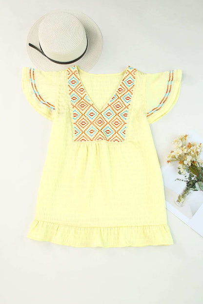 Yellow Geometric Embroidery Ruffles V Neck Textured Top 