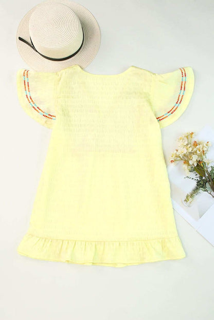 Yellow Geometric Embroidery Ruffles V Neck Textured Top 