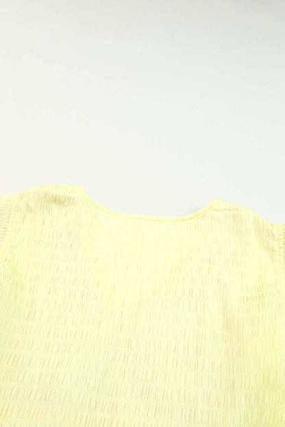 Yellow Geometric Embroidery Ruffles V Neck Textured Top 