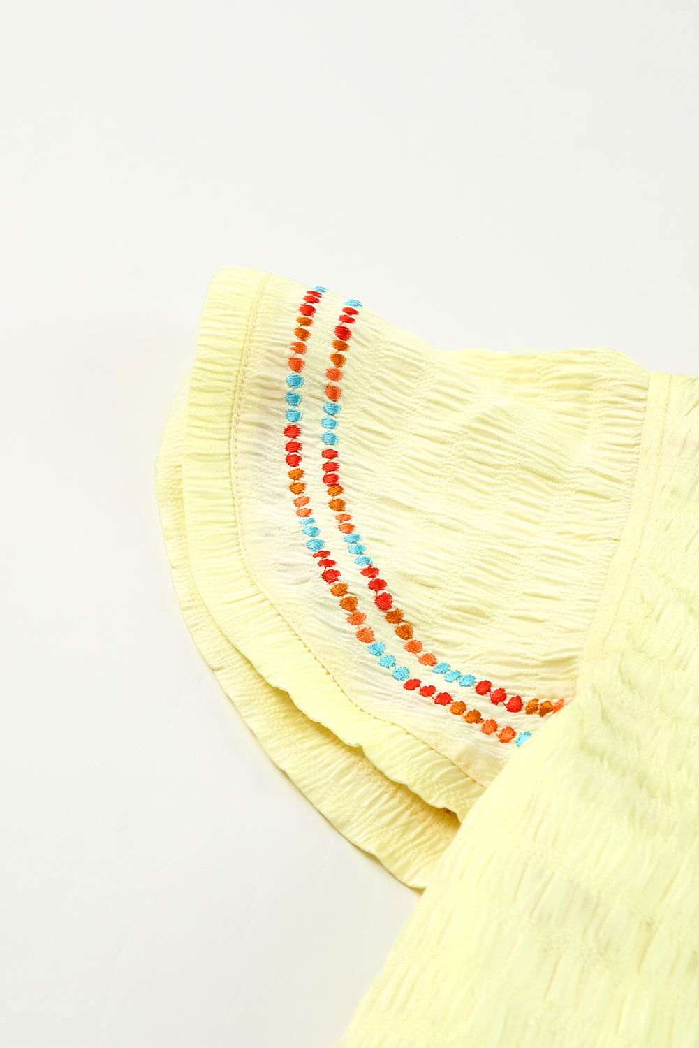 Yellow Geometric Embroidery Ruffles V Neck Textured Top 