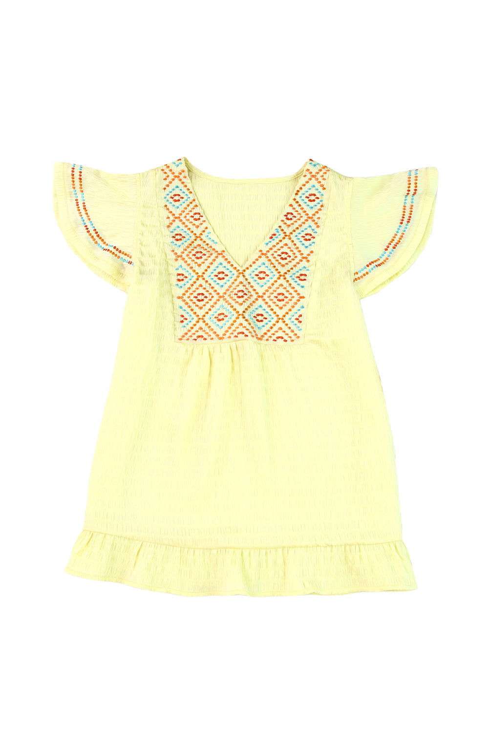 Yellow Geometric Embroidery Ruffles V Neck Textured Top 