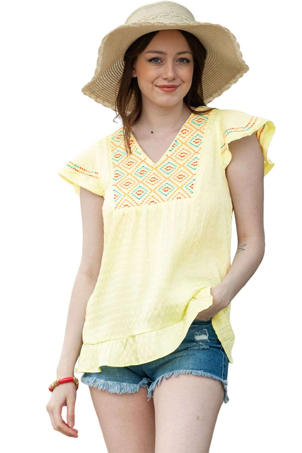 Yellow Geometric Embroidery Ruffles V Neck Textured Top 