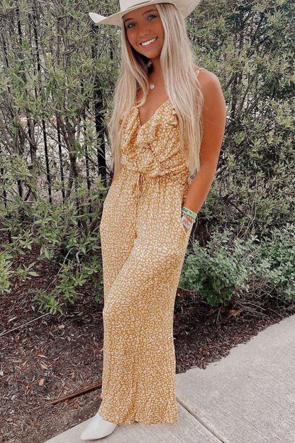 Yellow Leopard Print Drawstring Ruffled Wrap V Neck Jumpsuit 