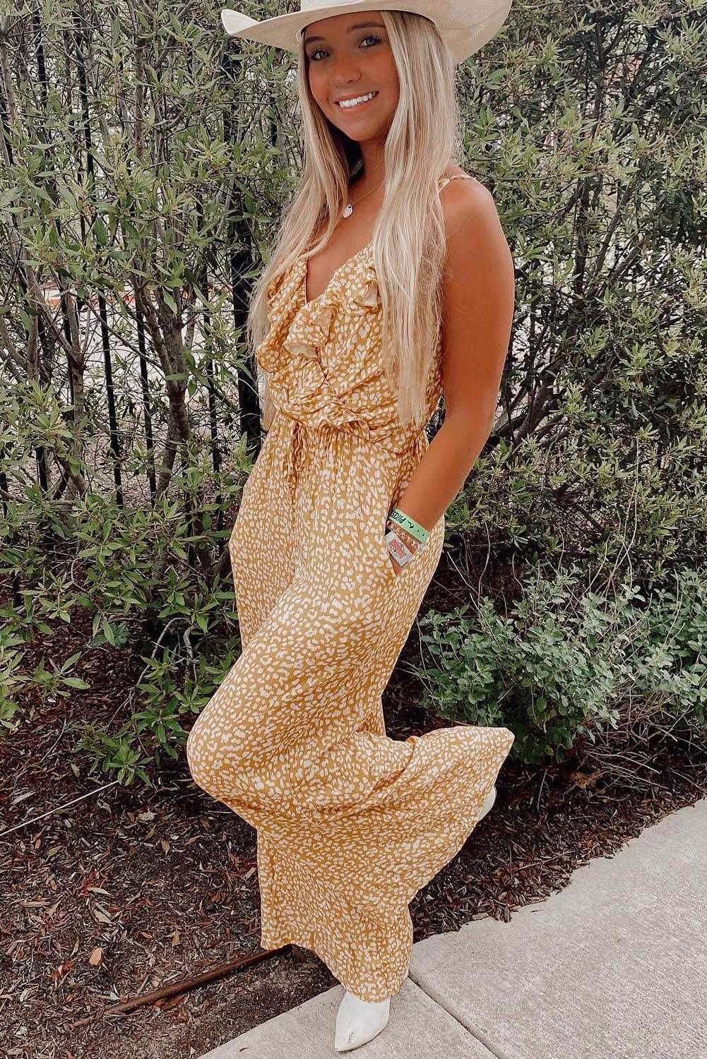 Yellow Leopard Print Drawstring Ruffled Wrap V Neck Jumpsuit 