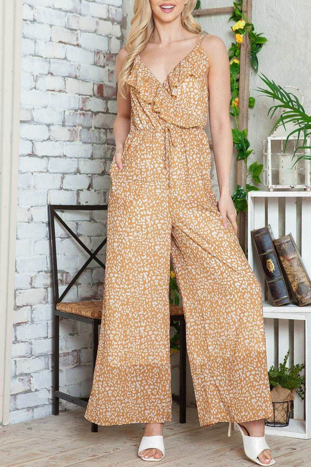 Yellow Leopard Print Drawstring Ruffled Wrap V Neck Jumpsuit 