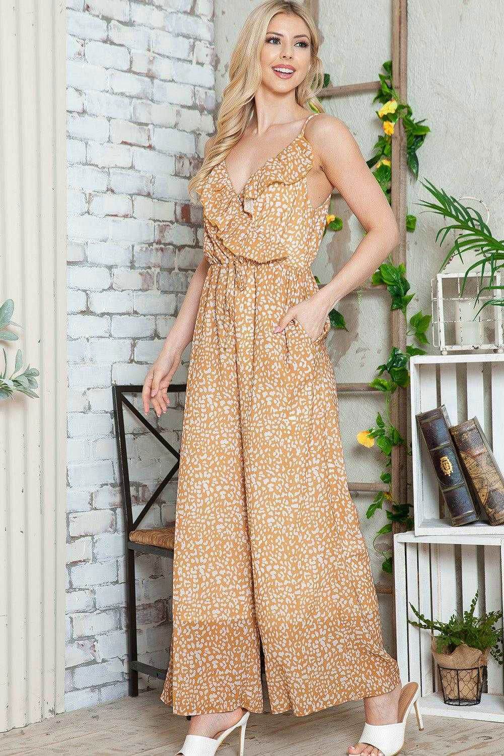 Yellow Leopard Print Drawstring Ruffled Wrap V Neck Jumpsuit 