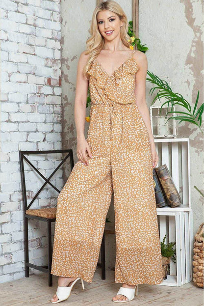 Yellow Leopard Print Drawstring Ruffled Wrap V Neck Jumpsuit 