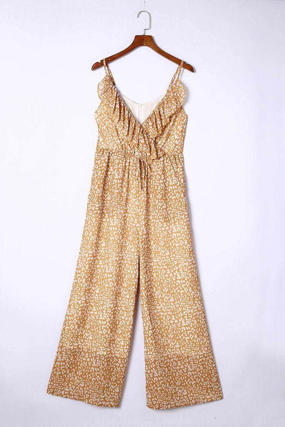 Yellow Leopard Print Drawstring Ruffled Wrap V Neck Jumpsuit 