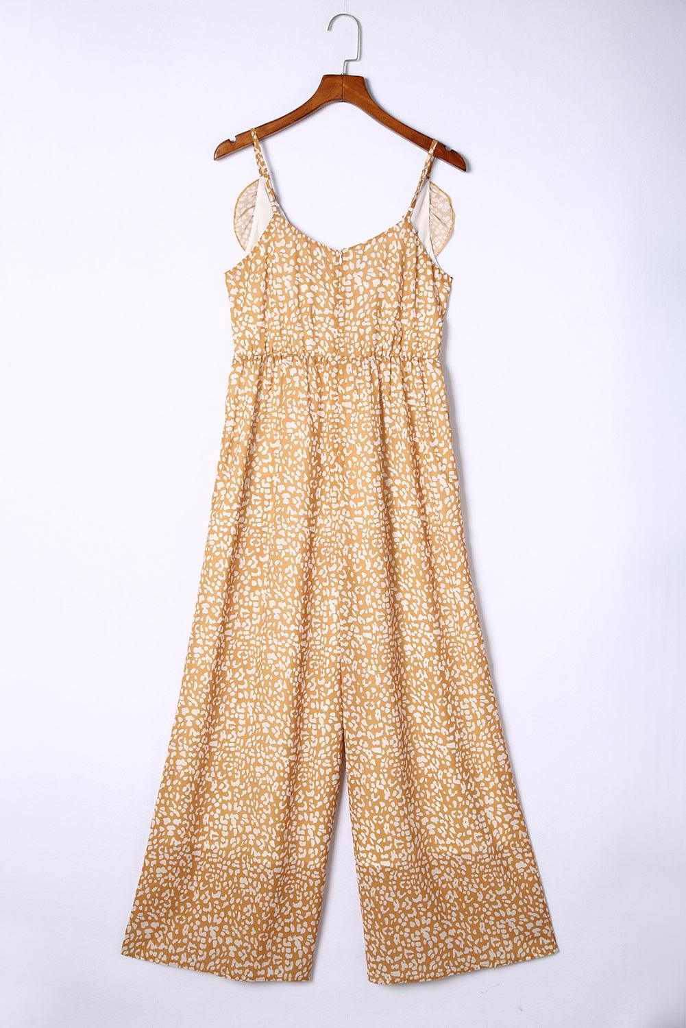 Yellow Leopard Print Drawstring Ruffled Wrap V Neck Jumpsuit 