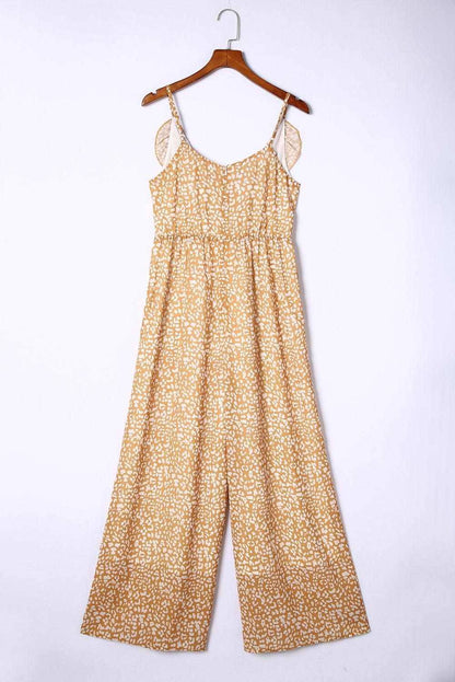 Yellow Leopard Print Drawstring Ruffled Wrap V Neck Jumpsuit 