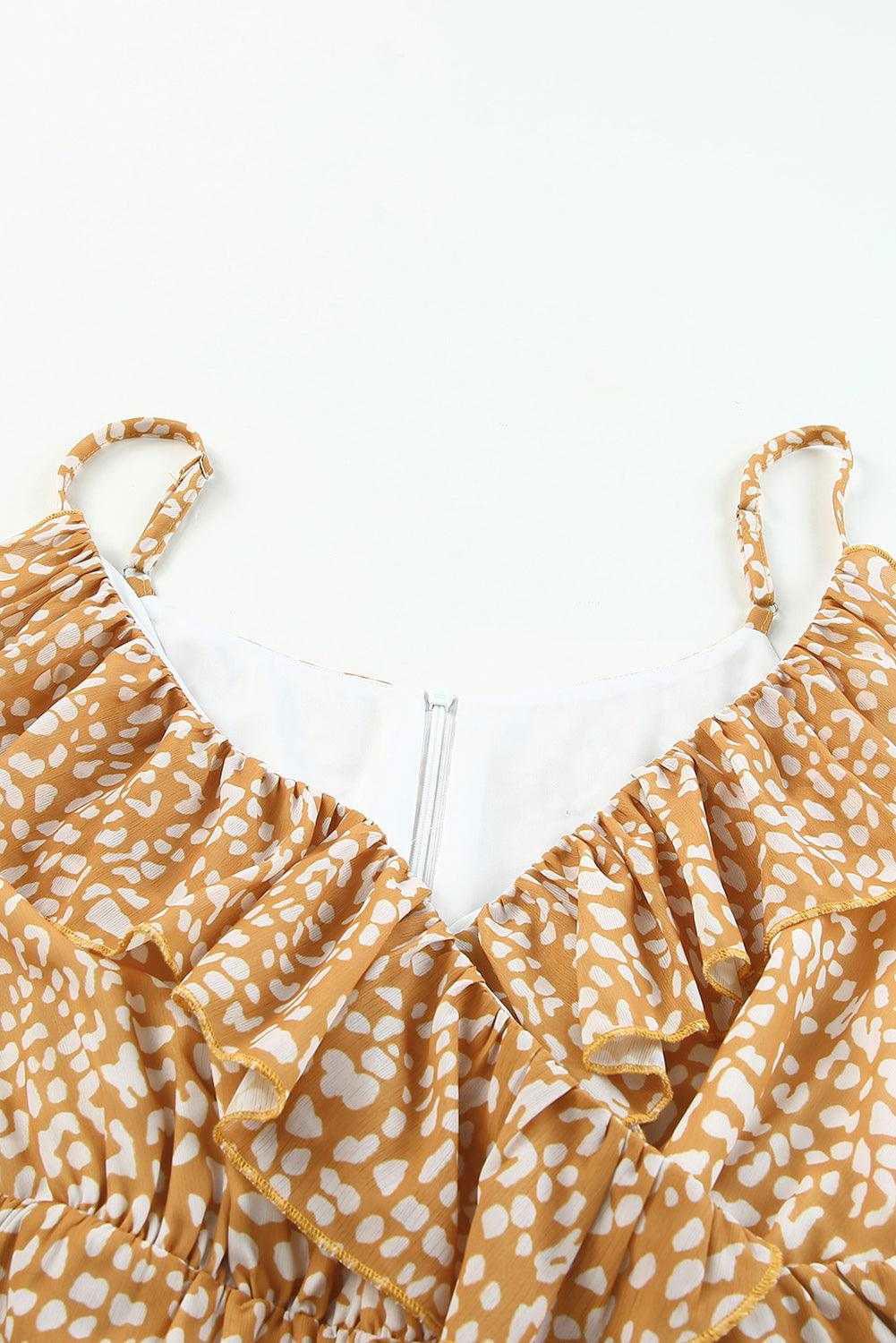 Yellow Leopard Print Drawstring Ruffled Wrap V Neck Jumpsuit 