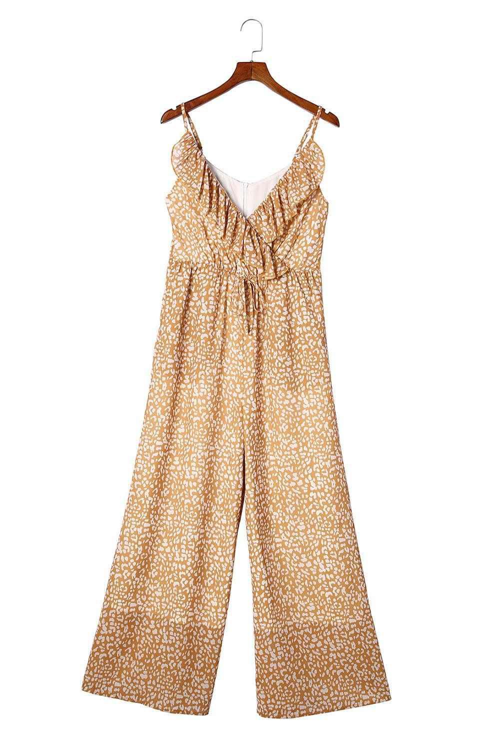 Yellow Leopard Print Drawstring Ruffled Wrap V Neck Jumpsuit 