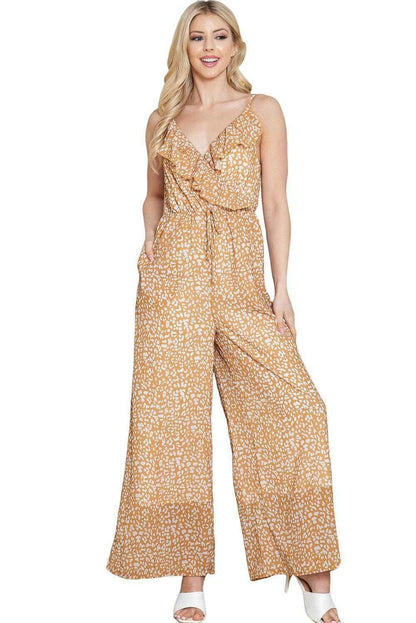 Yellow Leopard Print Drawstring Ruffled Wrap V Neck Jumpsuit 