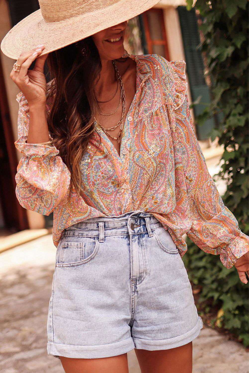 Yellow Paisley Print Ruffled Trim Button Up Boho Blouse 