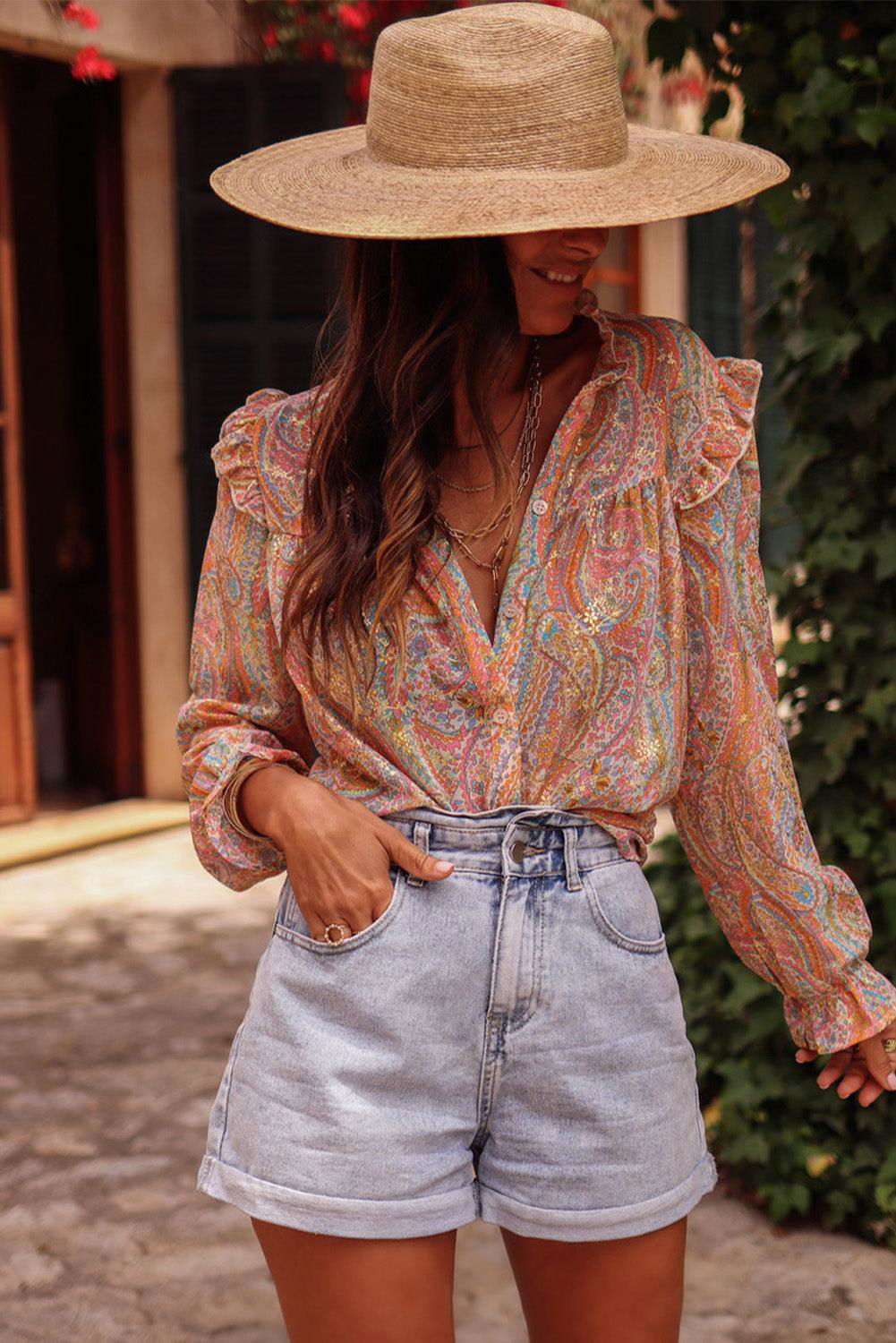 Yellow Paisley Print Ruffled Trim Button Up Boho Blouse 