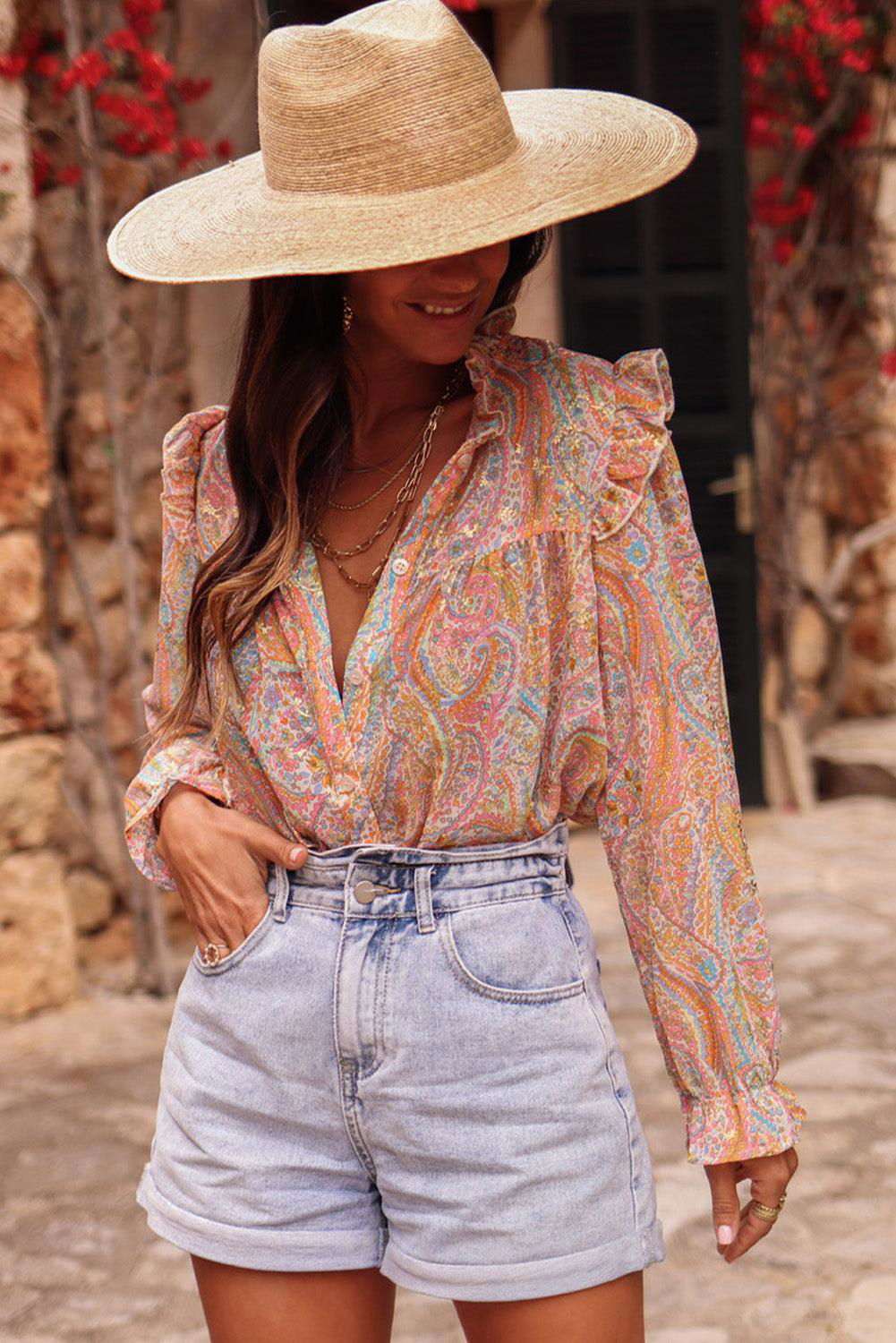 Yellow Paisley Print Ruffled Trim Button Up Boho Blouse 