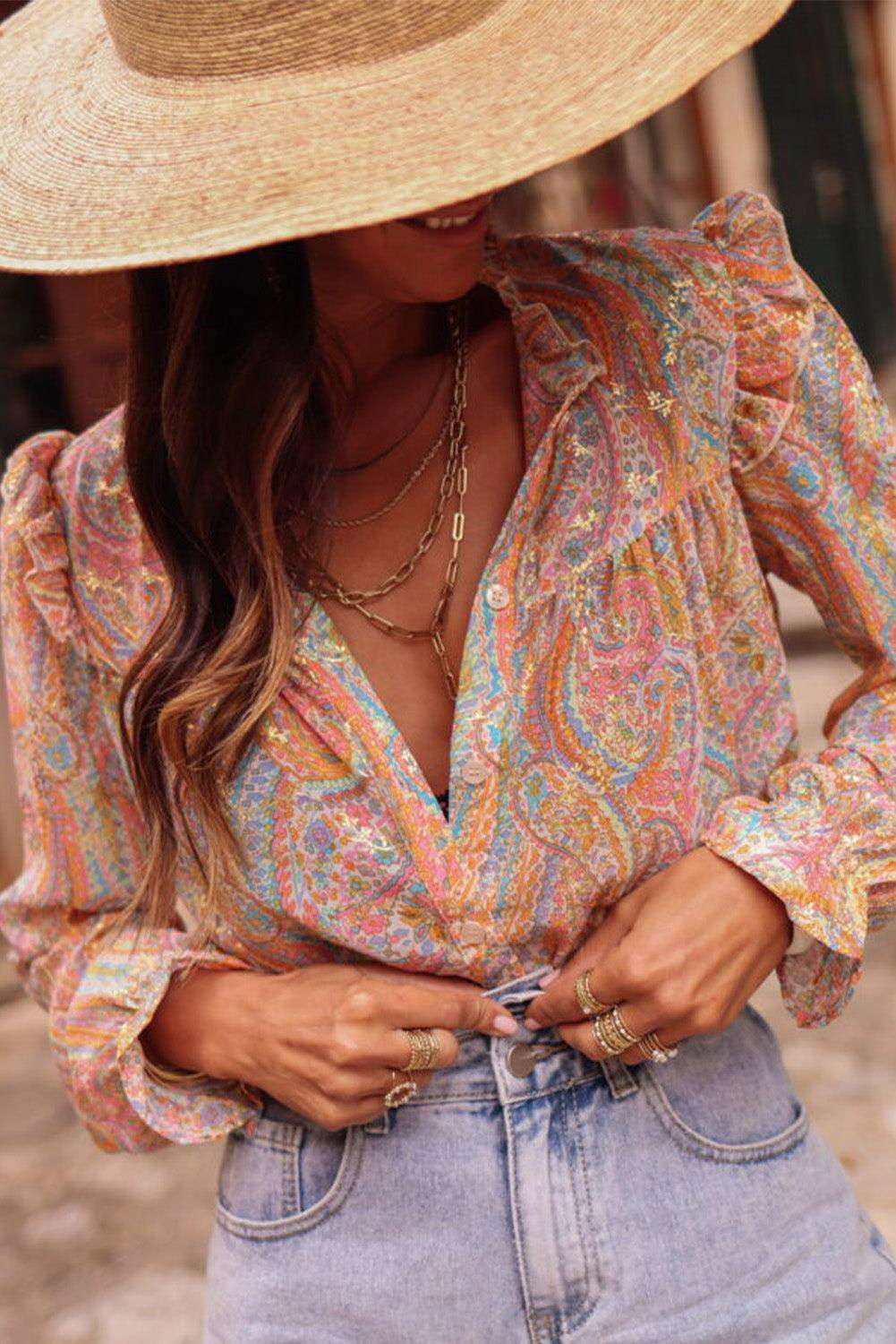 Yellow Paisley Print Ruffled Trim Button Up Boho Blouse 