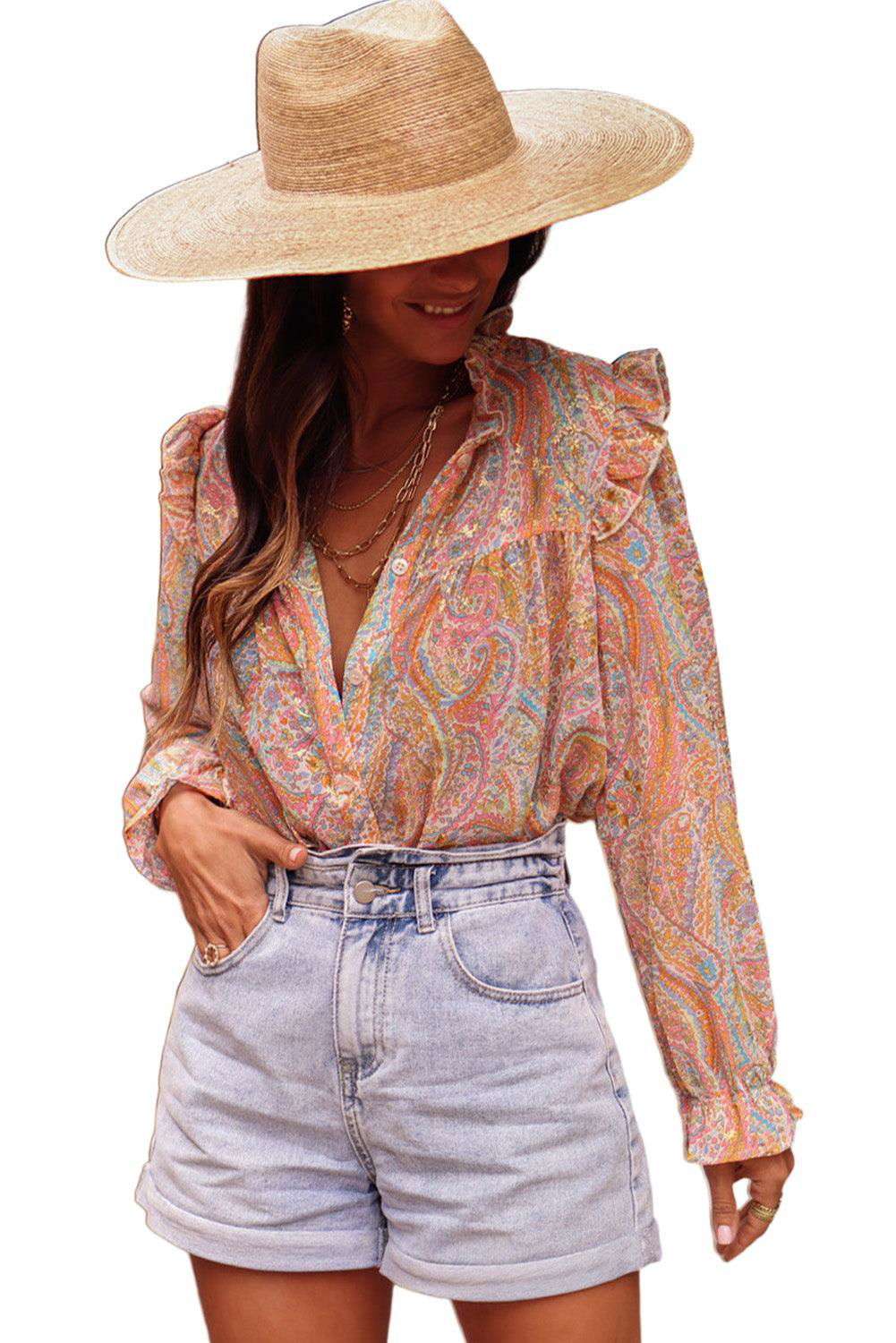 Yellow Paisley Print Ruffled Trim Button Up Boho Blouse 