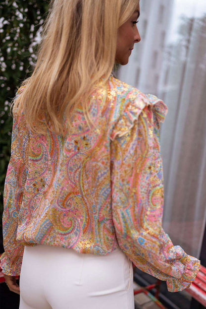 Yellow Paisley Print Ruffled Trim Button Up Boho Blouse 