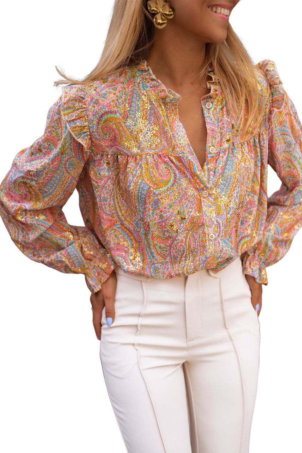 Yellow Paisley Print Ruffled Trim Button Up Boho Blouse 