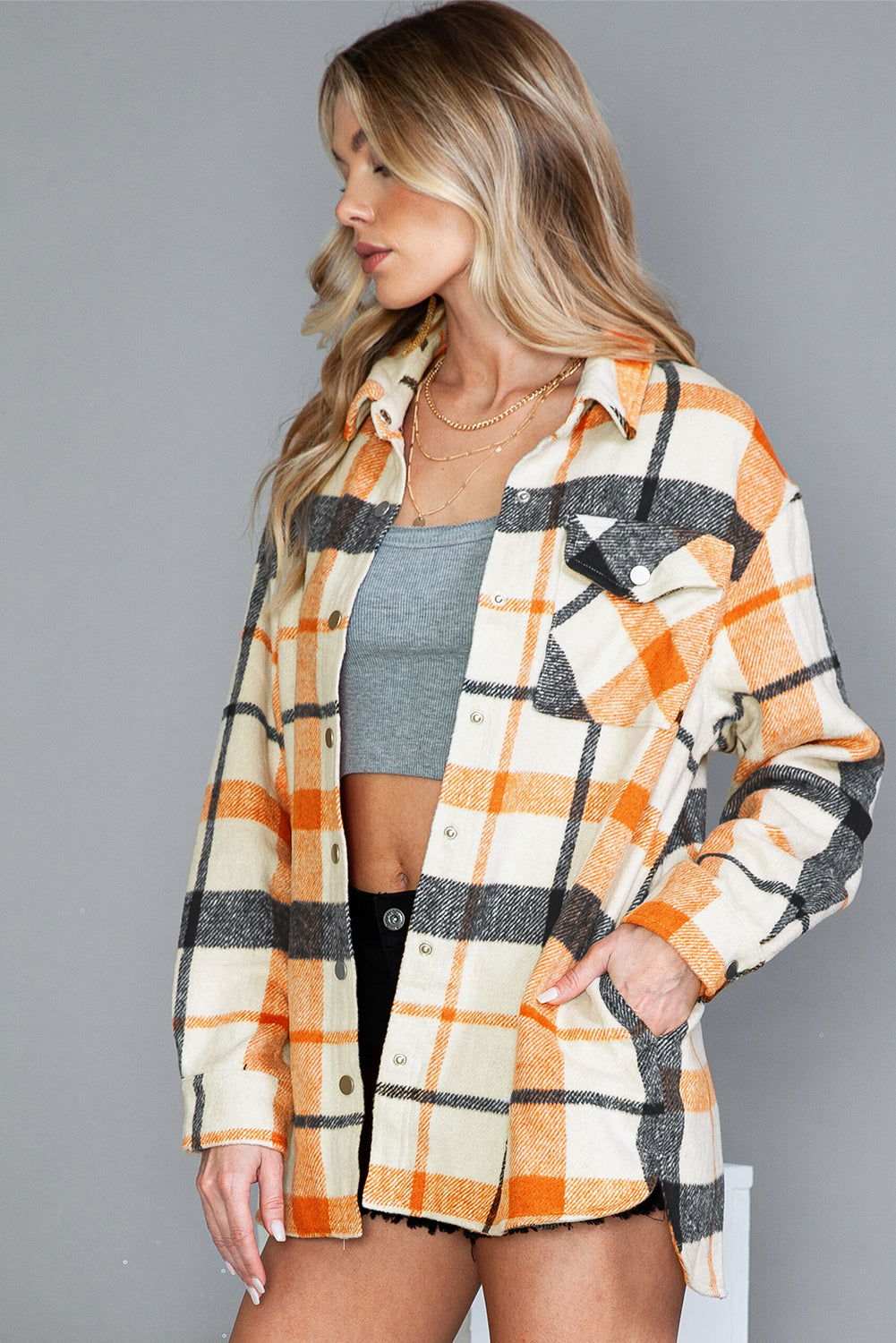 Yellow Plaid Print Turn Down Collar Buttoned Shacket 