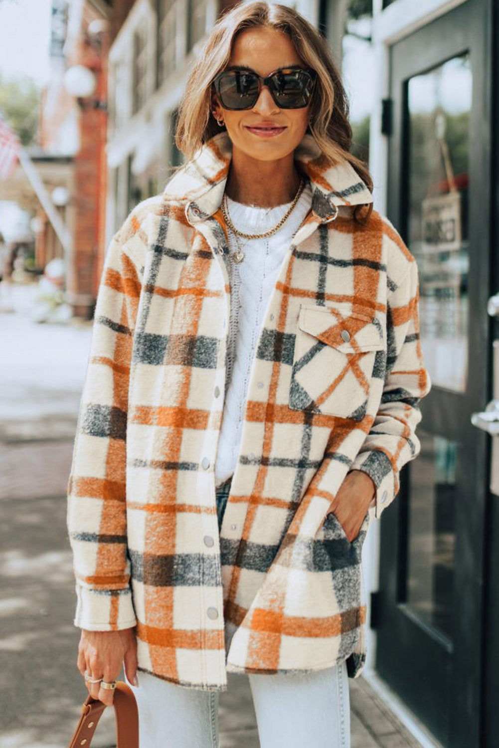 Yellow Plaid Print Turn Down Collar Buttoned Shacket 