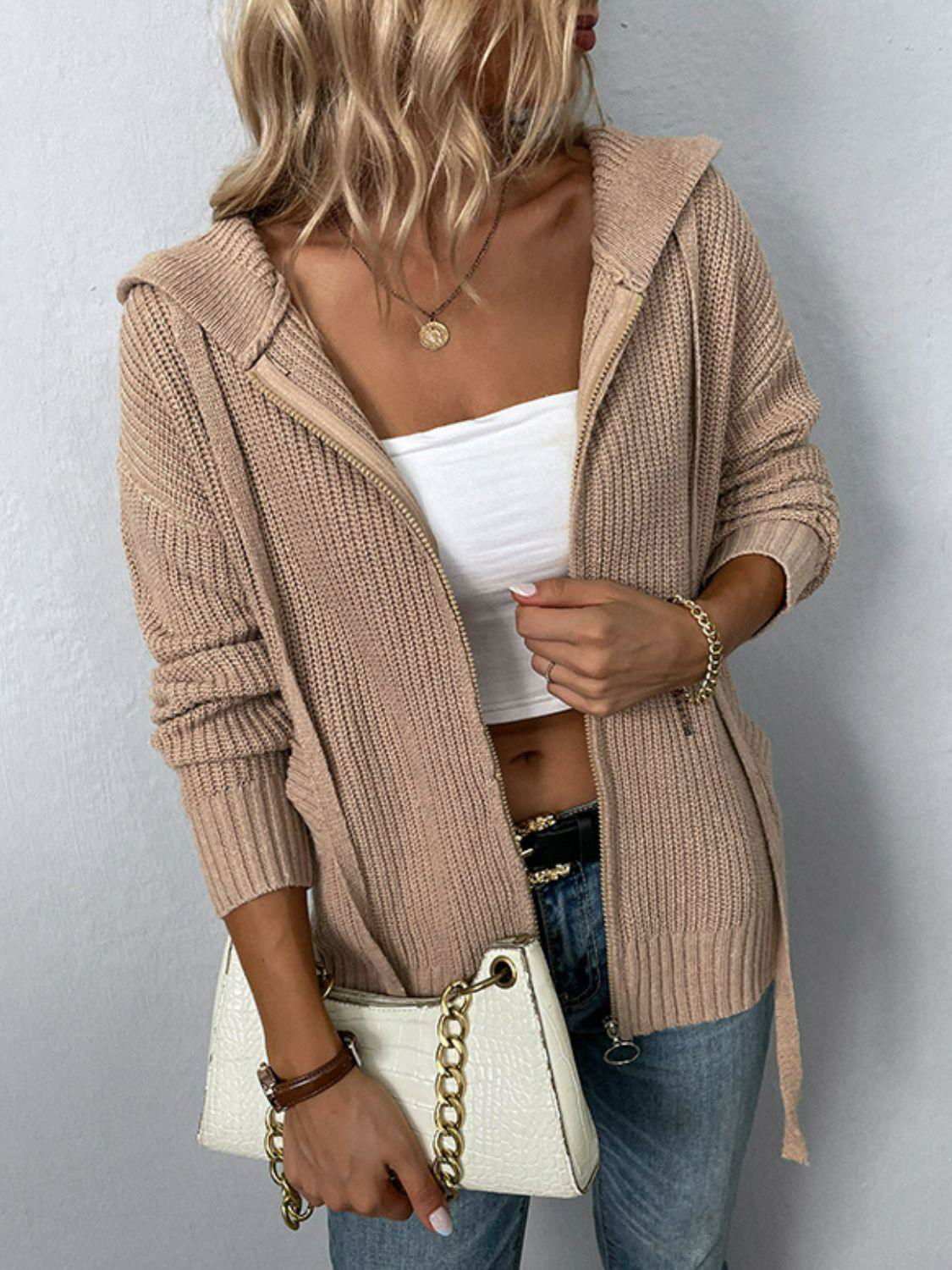 Zip-Up Drawstring Detail Hooded Cardigan 