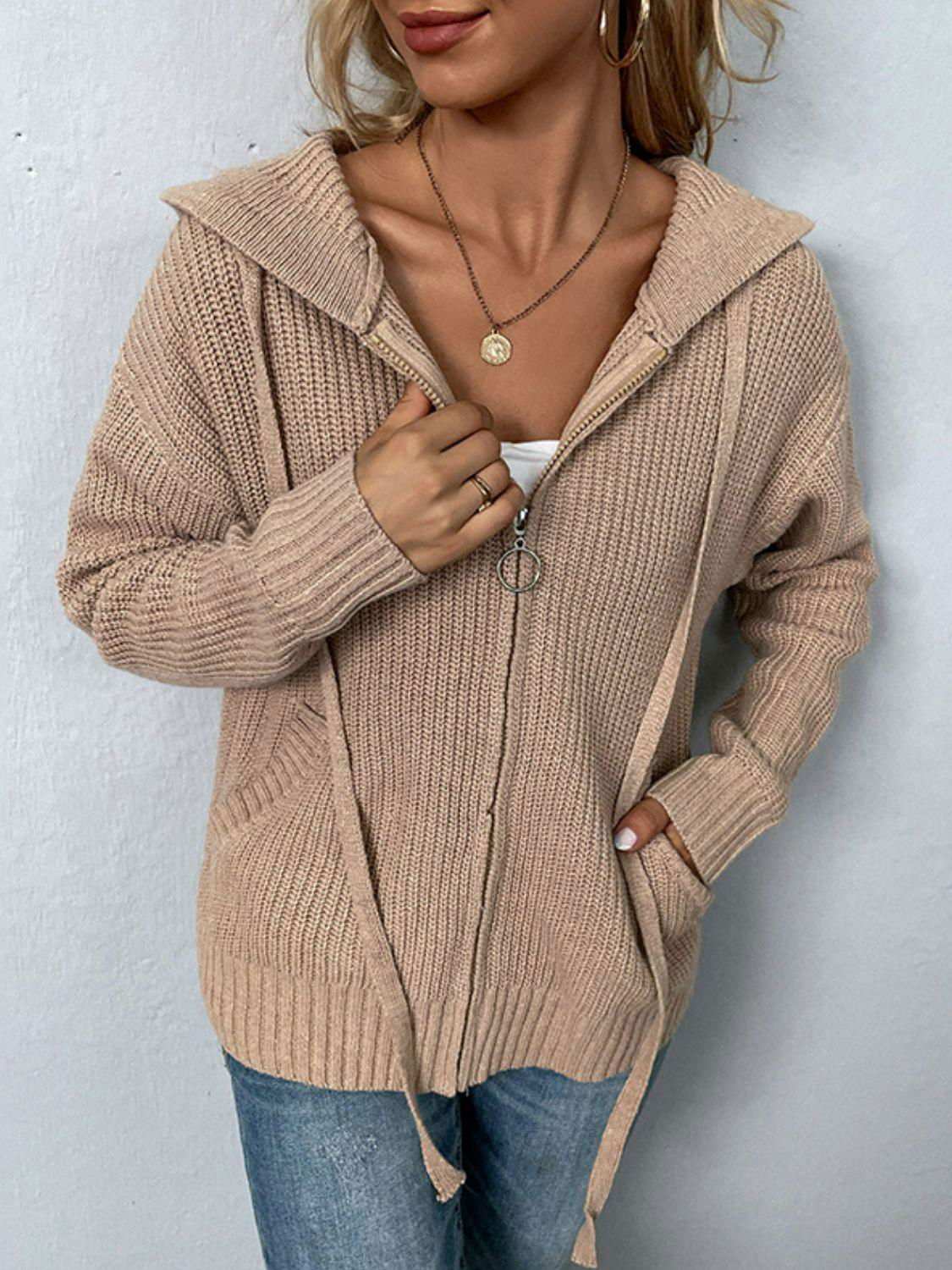 Zip-Up Drawstring Detail Hooded Cardigan 