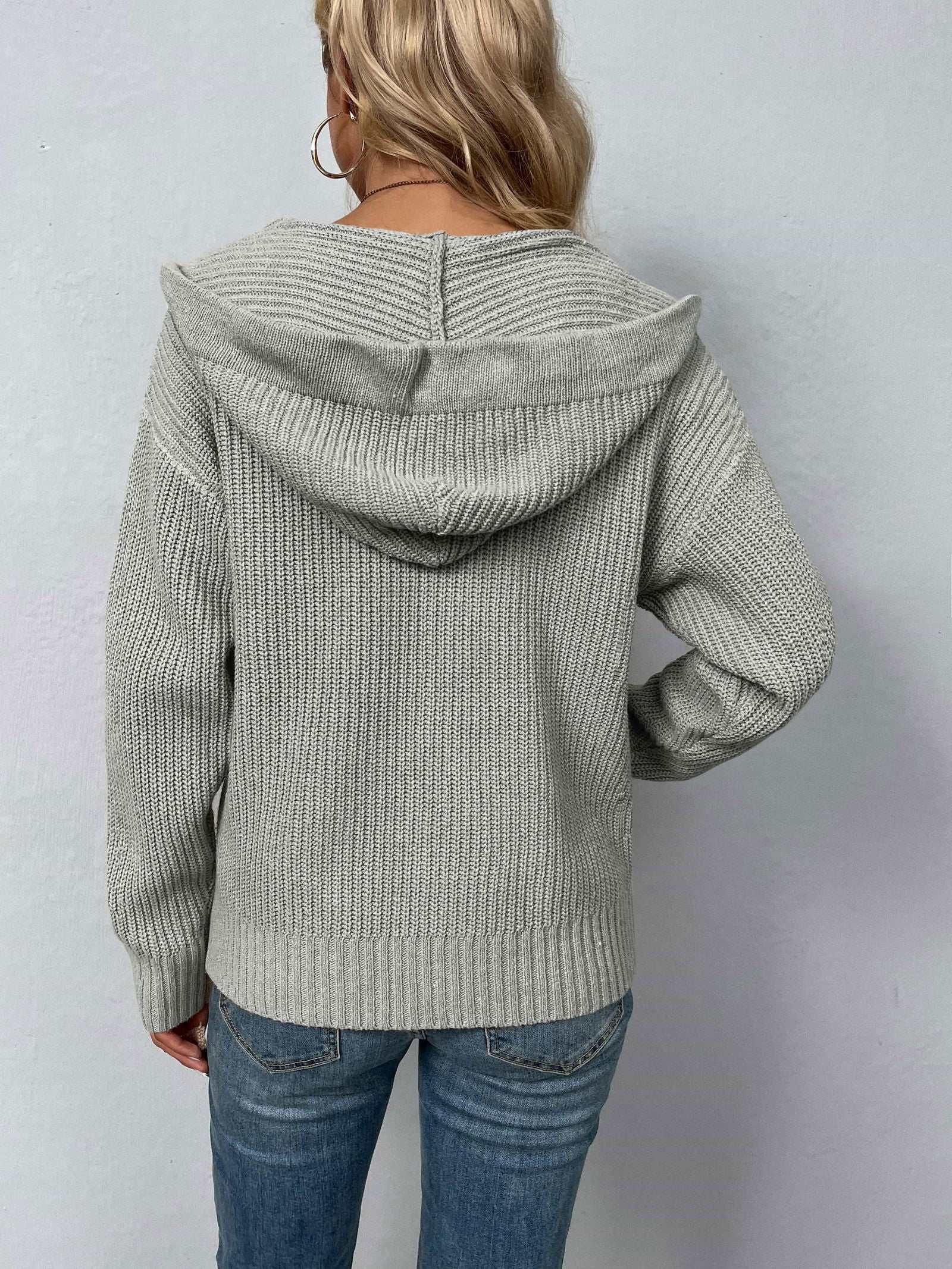 Zip-Up Drawstring Detail Hooded Cardigan 