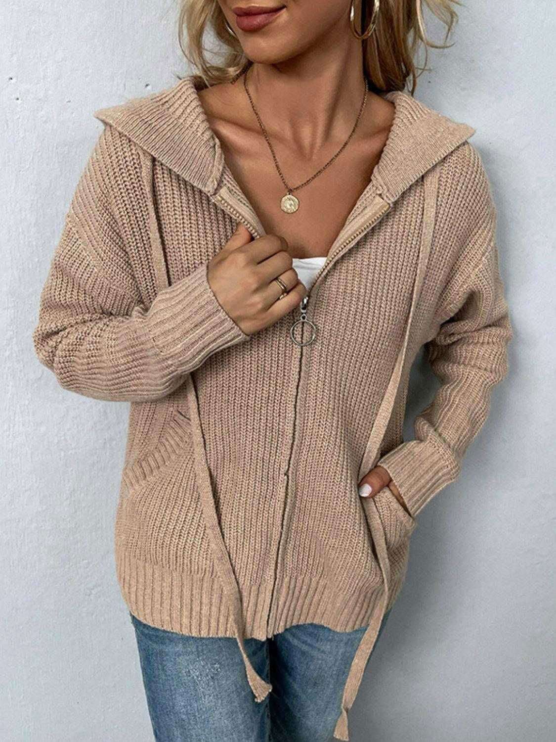 Zip-Up Drawstring Detail Hooded Cardigan 