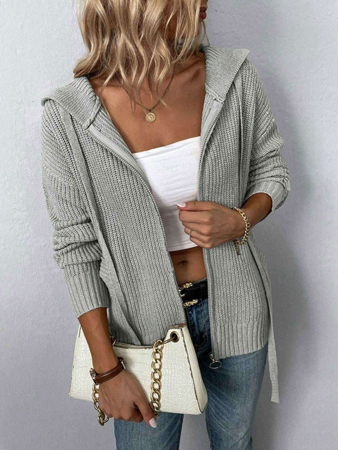 Zip-Up Drawstring Detail Hooded Cardigan 