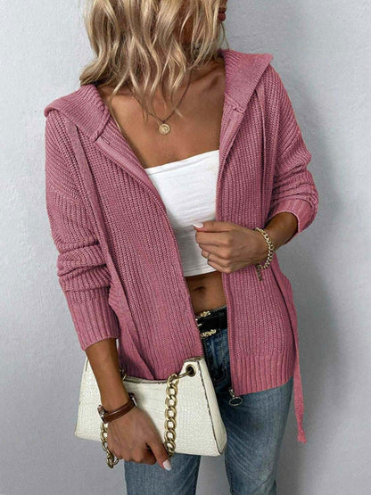 Zip-Up Drawstring Detail Hooded Cardigan 