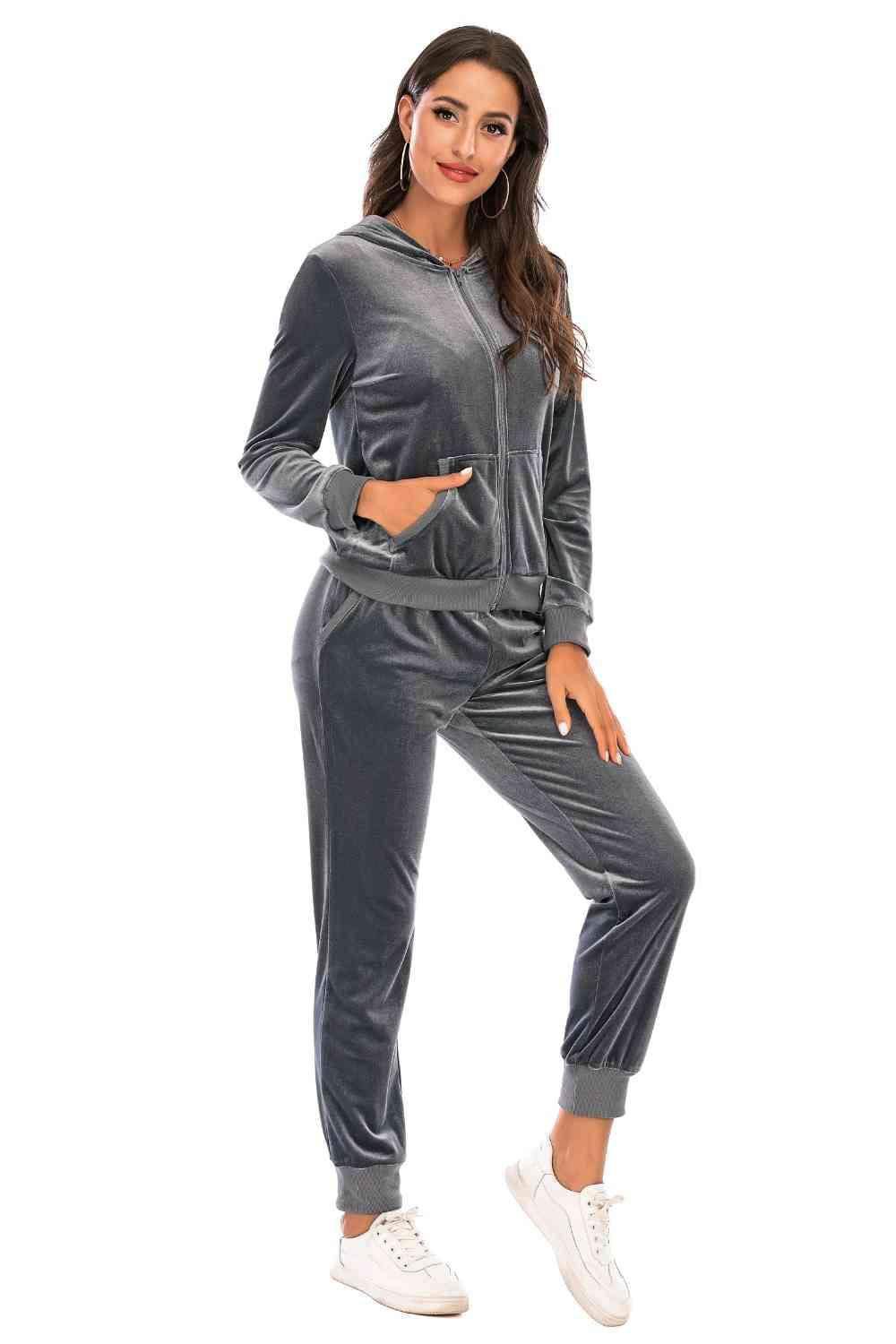 Zip-Up Hooded Jacket and Pants Set 