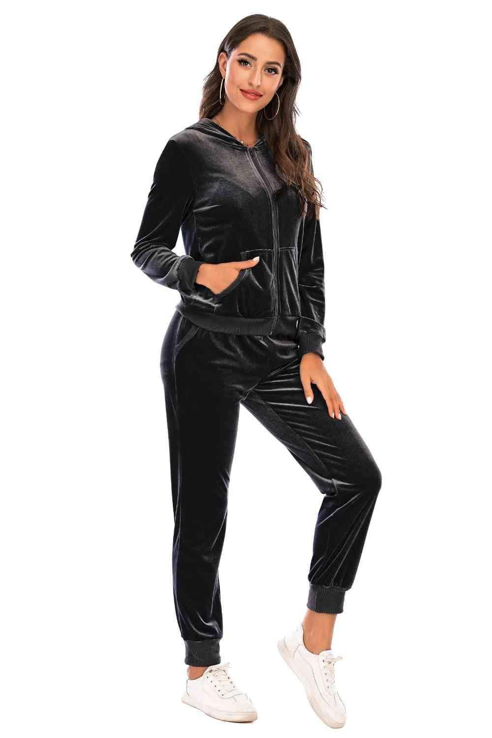 Zip-Up Hooded Jacket and Pants Set 