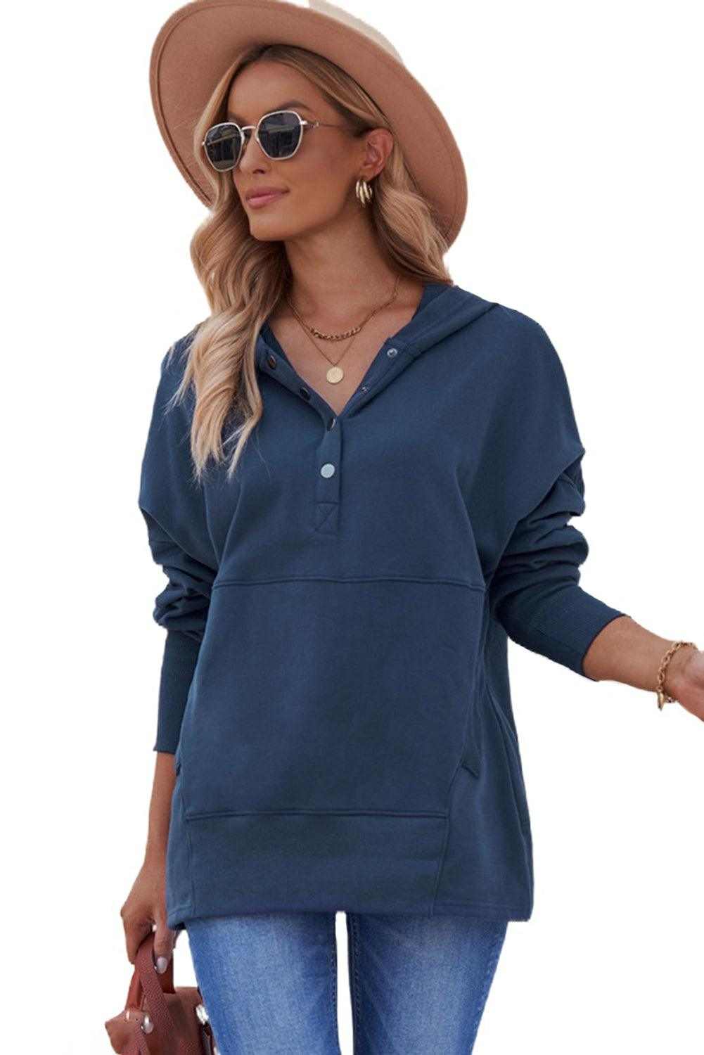 Light Blue Casual Batwing Sleeve Pocket Henley Hoodie 