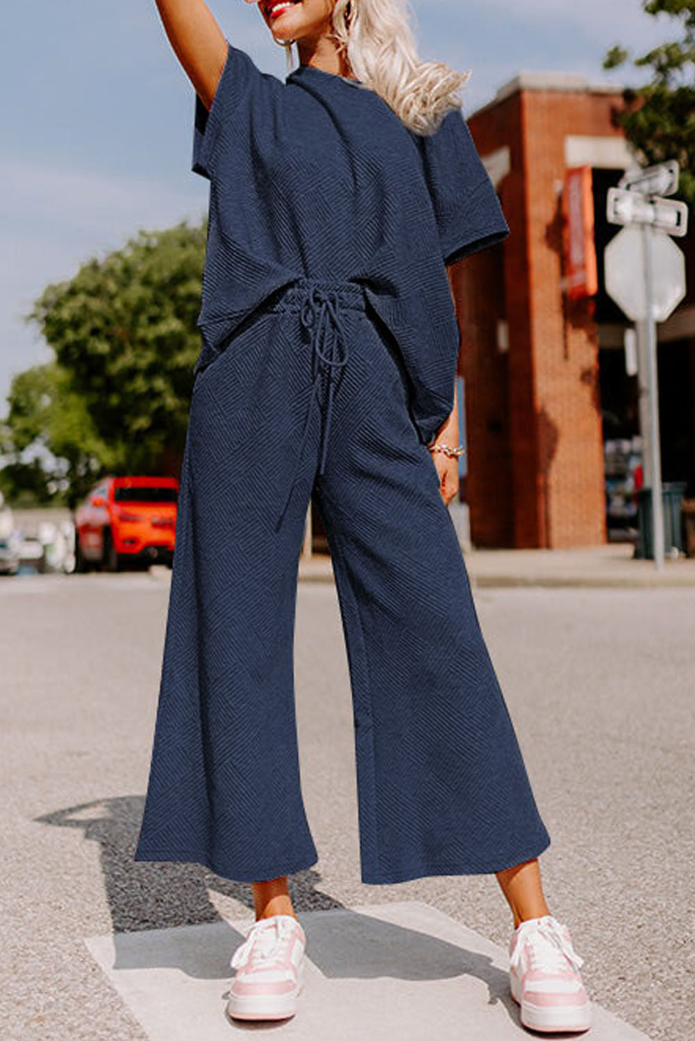 Navy Blue Textured Loose Fit T Shirt and Drawstring Pants Set 